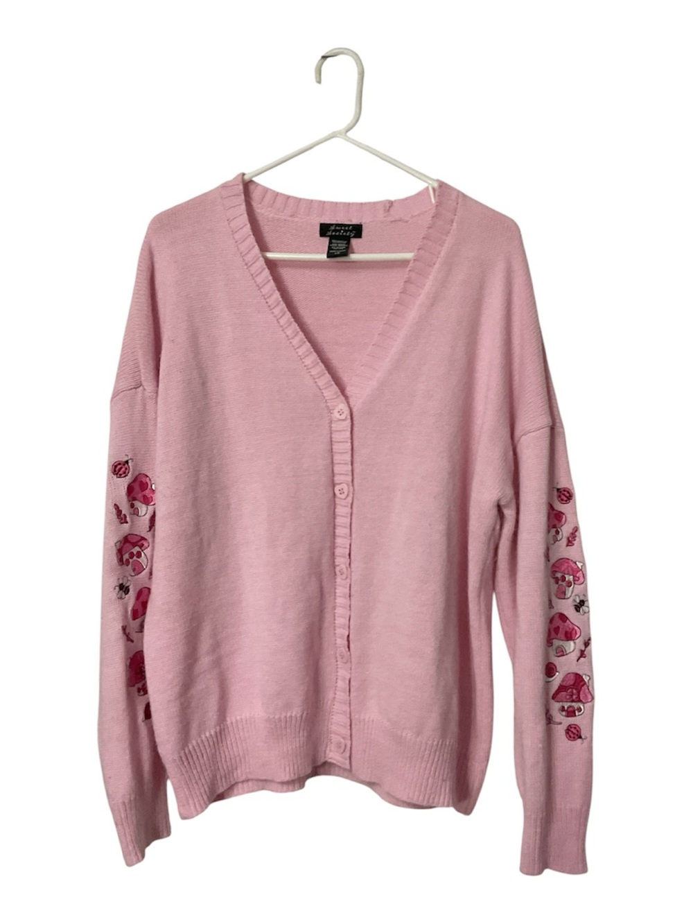 Pink Embroidered Sleeve V-Neck Button Cardigan Mushrooms Large